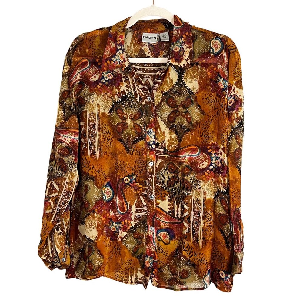 Colorful Floral Silk Shirt Brown L Earthy Boho Indie Folk Peasant Work Wear Chic